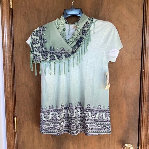 One World ombre sage top w boho print & matching scarf w fringe S - Picture 4 of 13